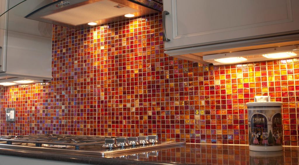 red tiled back splash in an updated kitchen remodel in Toledo, Ohio.