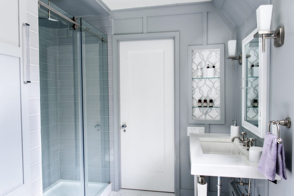 large tiled walkin shower in a bathroom remodeling project.