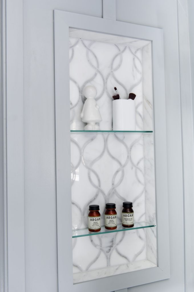 built in shelves in a bathroom remodeling project