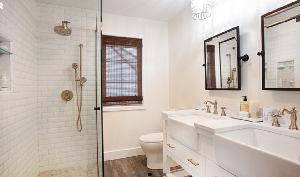 Bathroom remodel in Sylvania. Beautiful tiled walk in shower and double sink vanity