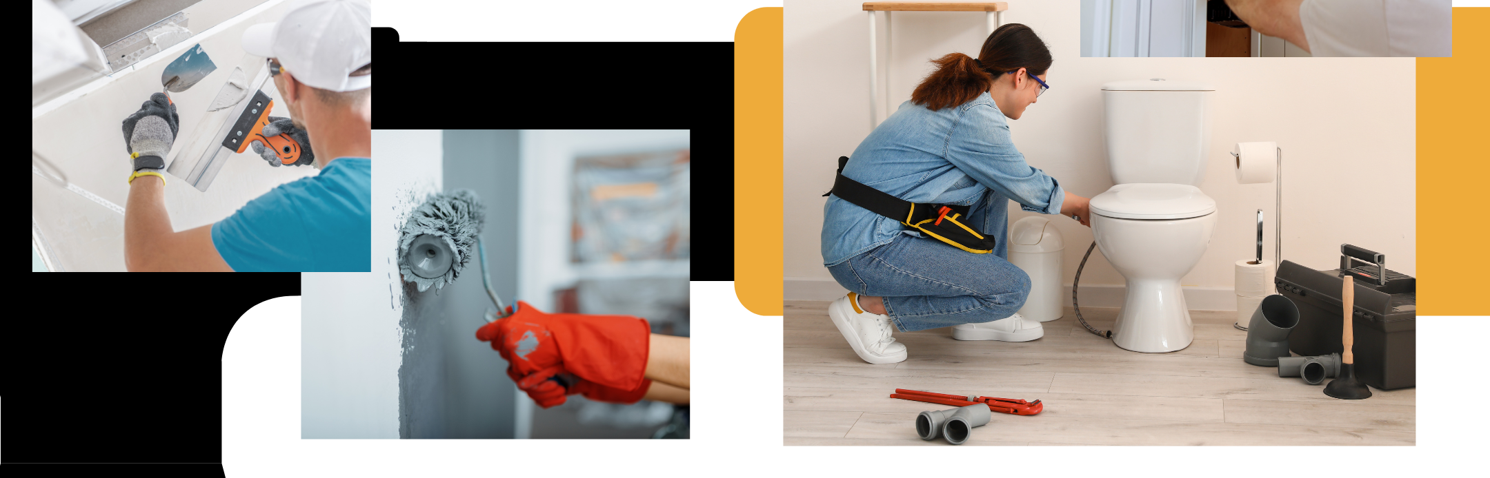image of a man doing drywall, a paint roller and a woman working on fixing a toilet