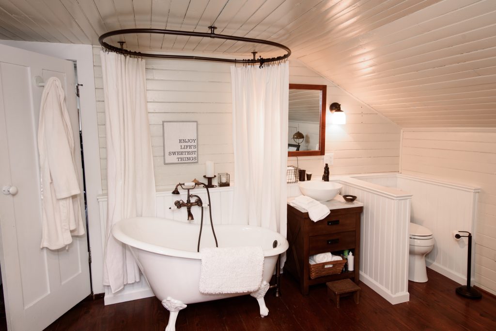 Recently remodeled bathroom with a modern farmhouse, country vibe.
